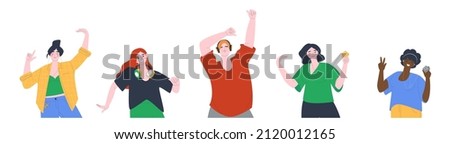 People listen to music with headphones on. The girls and the boy enjoy a private melody. Flat vector illustration.