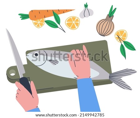 Cutting fish for dinner. Prepare fish soup. Whole fish on a cutting board and vegetables. Flat vector illustration. Eps10