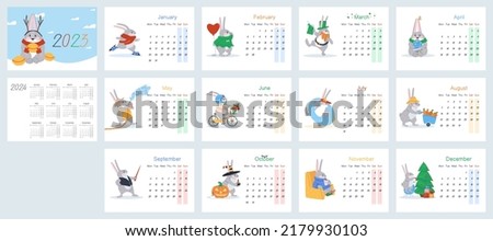 Vertical calendar for 2023 with rabbit character. 12 months, cover and last page with calendar for 2024. The beginning of the week from Monday, Saturday and Sunday are highlighted. Flat vector, eps10