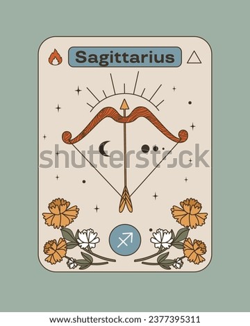 Sagittarius is a zodiac sign. Bow for throwing arrows. Yellow flowers, astrology sign. Sagittarius sign symbol. Poster in vintage style. Flat vector illustration