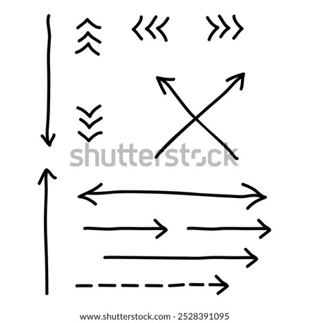 Straight dotted arrow and quotation marks. A line indicating the direction left, up, down, right. Hand drawing. Flat vector illustration eps10