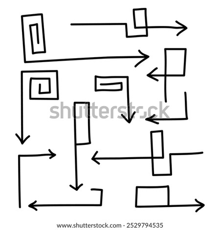 Curve shape lines with arrows. Square, rectangle, labyrinth. Flat vector line illustration, eps10