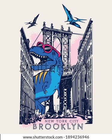 Vector illustration of cartoon dinosaur walking around the city