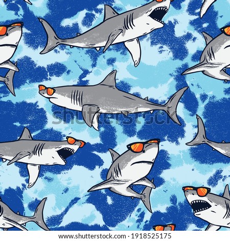 Seamless pattern of a sharks and tie dye with blue background elements  商業照片 © 