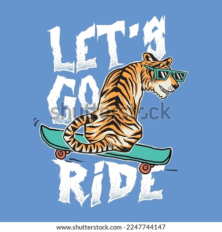 Vector illustration of comic tiger riding skateboard and typography.