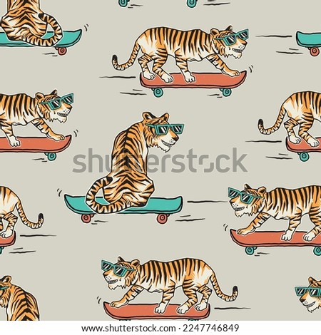 Seamless pattern of a comic tiger riding skateboard background elements.