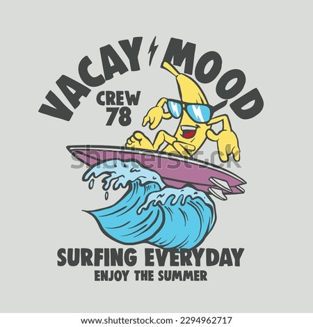 Vector illustration of surf rider cartoon Banana with waves and typography elements.
