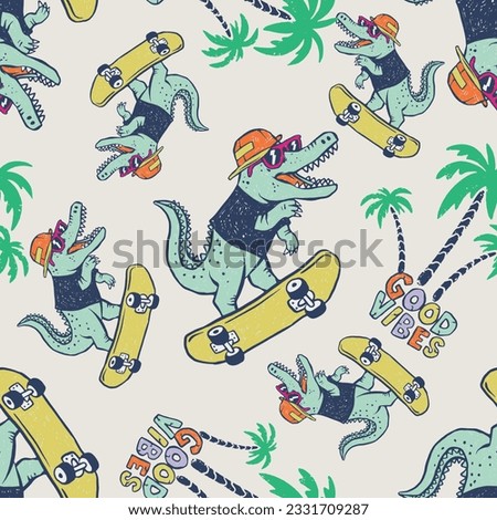 Seamless pattern of a skateboarding cartoon crocodile and palm tree background elements.