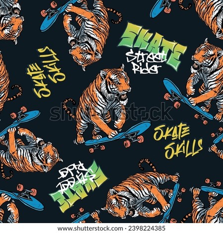 Seamless pattern of a cartoon drawing tiger riding a skateboard and graffiti writing background elements.