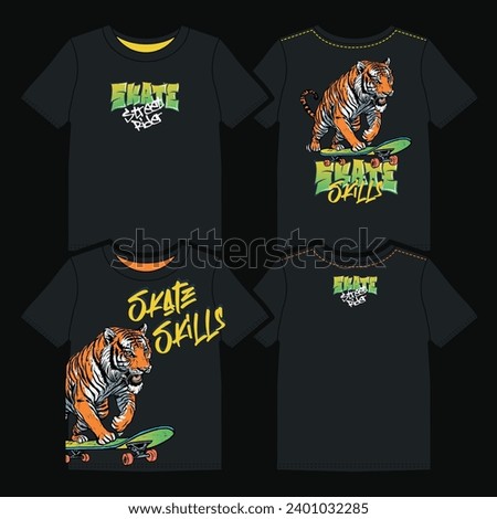 Cartoon character Tiger riding a skateboard and graffiti lettering. Two options vector graphic design for t-shirt.