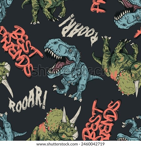 Seamless pattern of a Hand drawing cartoon dinosaurs and typography background elements. For Boys t shirt.