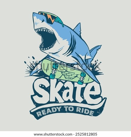 Vector illustration of cartoon character shark riding a skateboard and typography