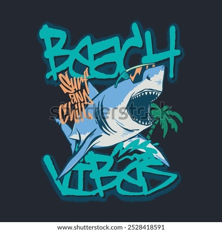 Vector illustration of cartoon character shark and graffiti typography