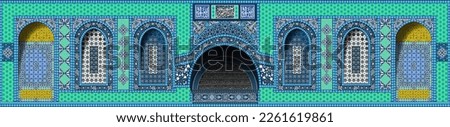Side Islamic decoration of the Dome of the Rock Mosque with colorful tiled windows and geometric arabesque patterns. design for israa and Miraj Celebration