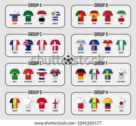 Soccer cup 2018 team group set . Football players with jersey uniform and national flags . Vector for international world championship tournament .