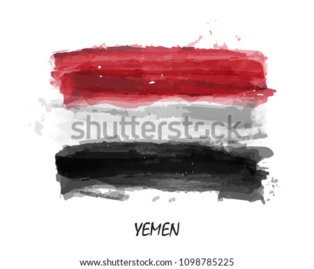 Realistic watercolor painting flag of Yemen . Vector .