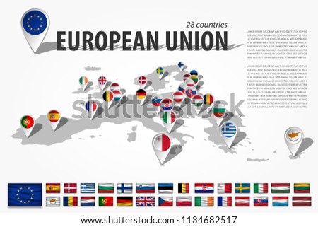 European union 28 countries and GPS navigator location pin with national flag on perspective europe continent map . And set of wavy style flag elements membership of EU . Vector .