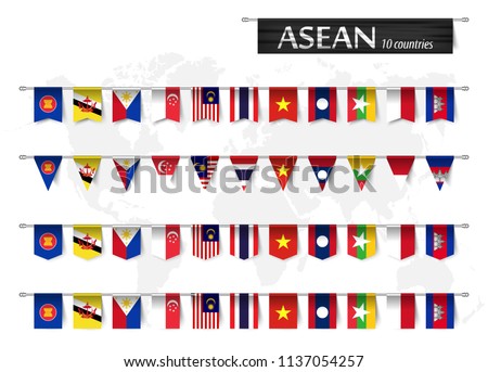 ASEAN ( Association of Southeast Asian Nations ) and various shape nation flag of country membership hanged on pole and world map background . Vector .