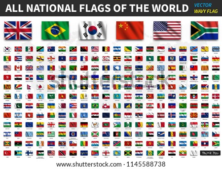 All national flags of the world . Realistic waving fabric texture with shadow design . Vector .