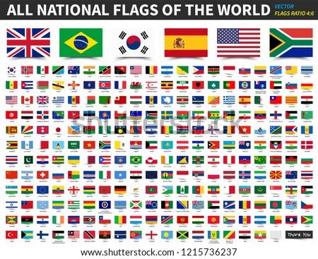 All national flags of the world . Ratio 4 : 6 design with float sticky note paper style . Elements vector .