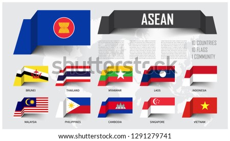 ASEAN . Association of Southeast Asian Nations . And membership . floating paper flags design . World map background . Vector .