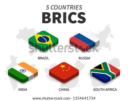 BRICS flag . association of 5 countries and map on white background . Isometric top design . Vector .