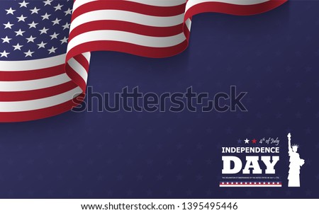4th of July happy independence day of america background . Statue of liberty flat silhouette design with text and waving american flag at corner on blue star texture . Vector .