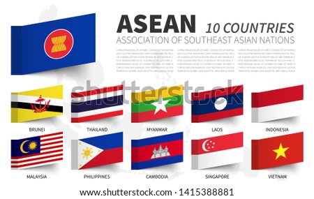 ASEAN . Association of Southeast Asian Nations . and membership flags . Sticky note design . Vector .