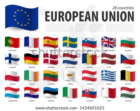 European union flag ( EU ) and membership on europe map background . Waving flag design . Vector .