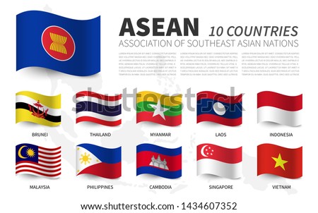 ASEAN . Association of Southeast Asian Nations and membership . Waving flags design . Southeast asia map background . Vector .