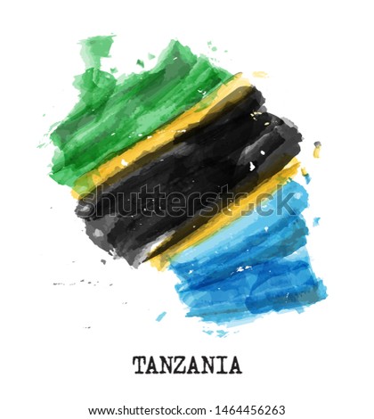 Tanzania flag watercolor painting design . Country map shape . Vector .
