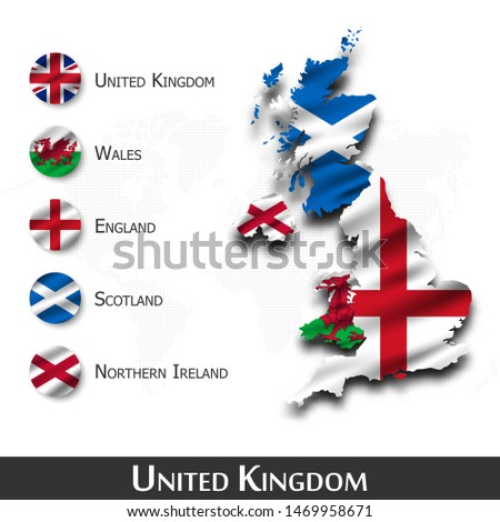 United kingdom of great britain map and flag ( Scotland . Northern ireland . Wales . England ) . Waving textile design . Dot world map background . Vector .