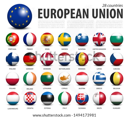 European union EU 3D circle balls line up and member flags design . White isolated background and europe map . Vector .