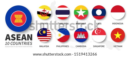 ASEAN . Association of Southeast Asian Nations . and membership flags . Flat simple circle design . Vector .