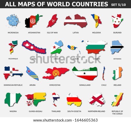 All maps of world countries and flags . Set 5 of 10 . Collection of outline shape of international country map with shadow . Flat design . Vector .