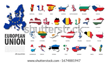 European union . EU . Set of flat design country map and national flag of member with shadow . White isolated background . Vector .