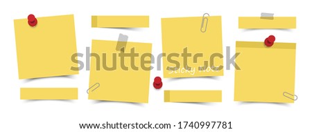 Flat design yellow color sticky notes with red pin , adhesive tape and paper clip on white board background . Vector .