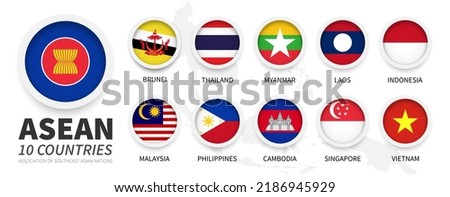 ASEAN . Association of Southeast Asian Nations and membership flags . Flat simple circle design with white frame . South east asia map on background . Vector .