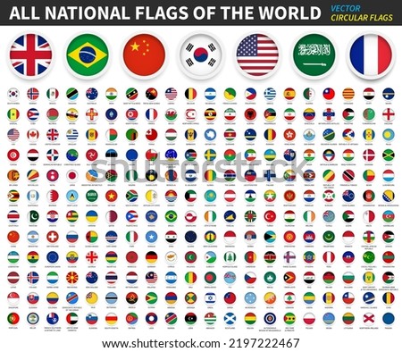 All national flags of the world . Circular flag with frame and country name . Vector .