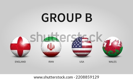 Qatar soccer cup tournament 2022 . Group B stages . Football with country flag pattern . Vector .