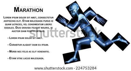 Marathon (human bone is running) ,(Whole body x-ray : head ,neck ,shoulder ,arm ,elbow ,forearm ,hand ,finger ,joint ,thorax ,abdomen ,back,pelvis ,hip ,thigh ,leg ,knee ,foot ,heel)