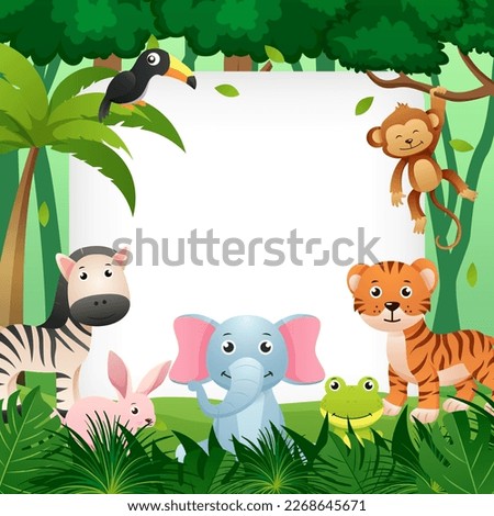 Wildlife animal in jungle with square copy space . Kids style . Vector .