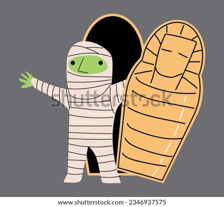 Mummy come from within coffin . Halloween cartoon characters . Vector .