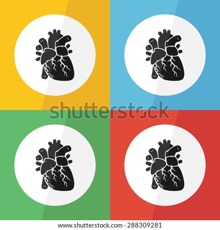 Heart icon ( flat design ) on different color background ( front view ) Use for heart disease ( Ischemic heart disease , Myocardial infarction , Coronary artery disease , Valvular heart disease ,etc )