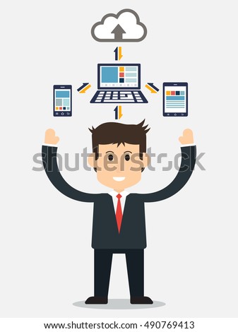 Business man show electronic device and cloud connection ( smartphone , tablet and computer are connecting to cloud server for sharing input and output data )