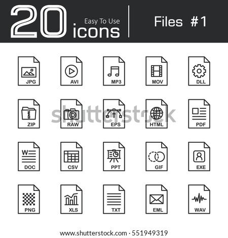 Files icon set 1 ( jpg . avi . mp3 . mov . dll . zip . raw . eps . html . pdf . doc . csv . ppt . gif . exe . png . xls . txt . eml . wav )