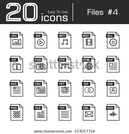 Files icon set 4 ( jpg . avi . mp3 . mov . dll . zip . raw . eps . html . pdf . doc . csv . ppt . gif . exe . png . xls . txt . eml . wav )