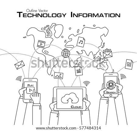 Person use phone and tablet to share data . outline style .