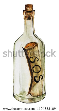Isolated watercolour painting of SOS bottle on white background