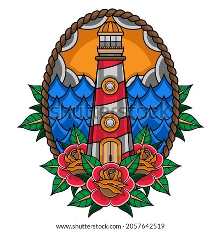 beautiful traditional lighthouse tattoo, vector EPS 10
